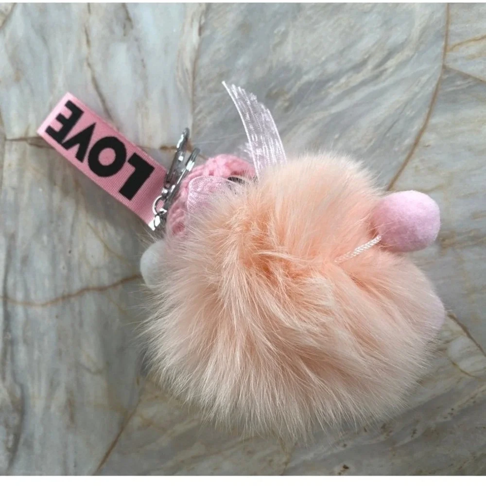Pink Faux Fur Doll Keychain Charm with Glasses and LOVE Strap Accessory‎